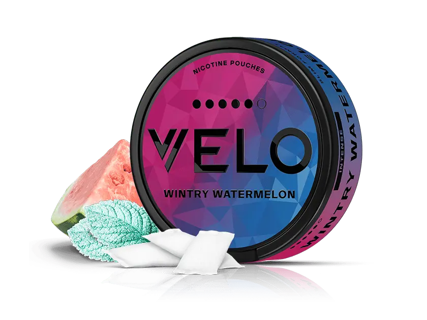 Velo Nicotine Pouches |  A round VELO container labeled Wintry Watermelon appears alongside two nicotine pouches, a slice of watermelon, and a mint leaf. The packaging displays a pink and blue geometric design that reflects the refreshing blend of sweet watermelon and cool peppermint flavors.
