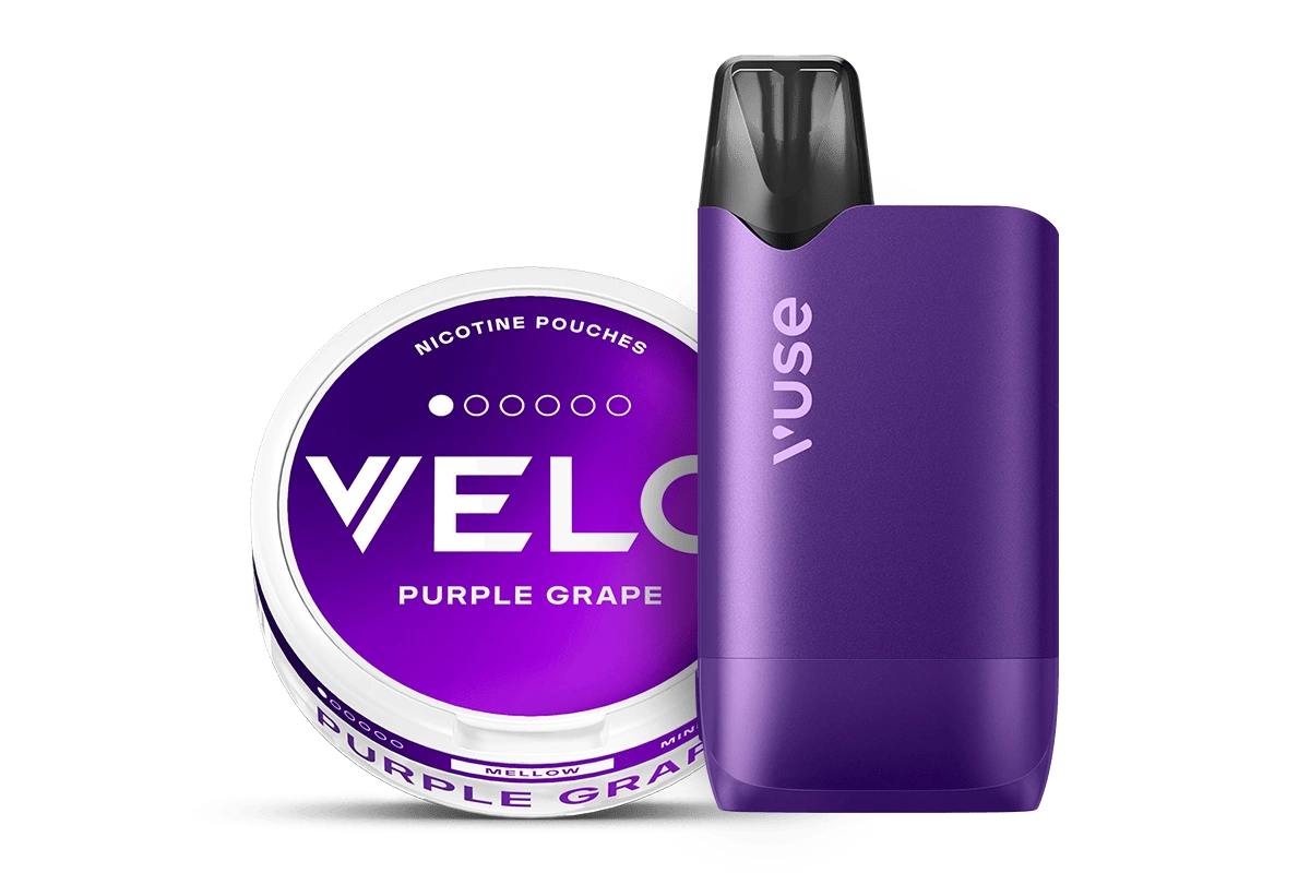 Velo Nicotine Pouches |  A round Velo nicotine pouch container and a purple Vuse vape device are displayed side by side on a white background, highlighting modern alternatives for enjoying nicotine.