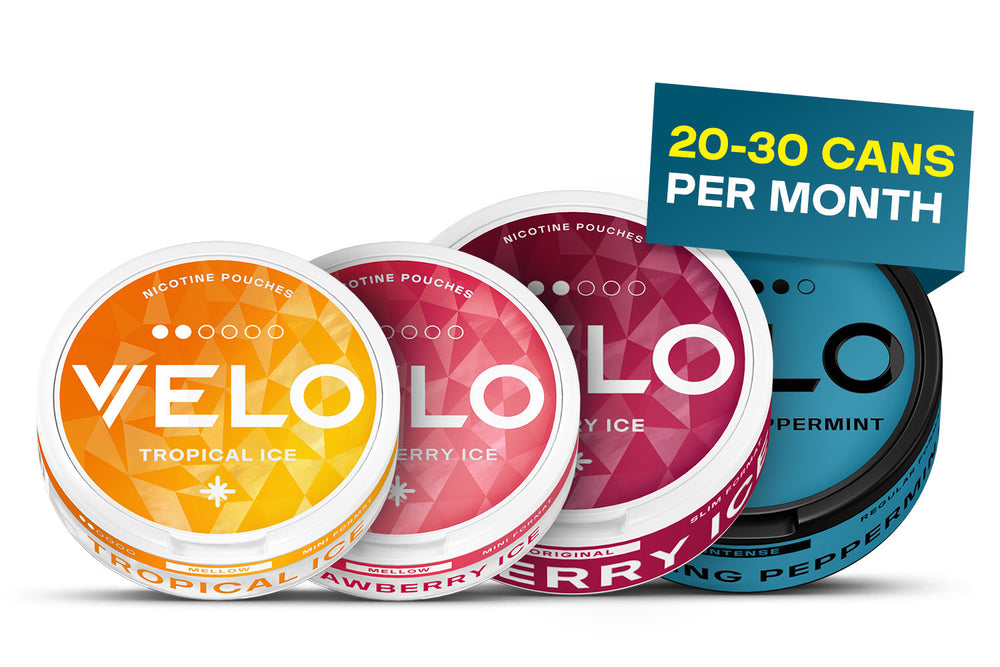 Velo Nicotine Pouches |  Four colorful Velo nicotine pouch cans in orange, pink, and blue are displayed, with a sign above reading “20-30 CANS PER MONTH.” The pouches are labeled Tropical Ice, Strawberry Ice, and Peppermint.