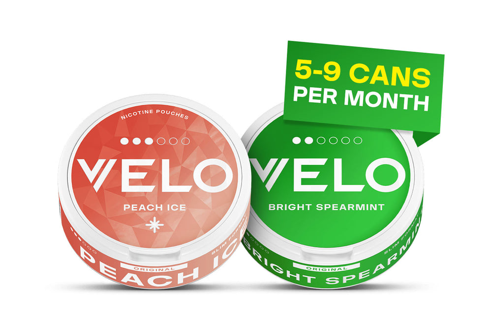 Velo Nicotine Pouches |  Two round containers of Velo nicotine pouches, one labeled Peach Ice and the other Bright Spearmint, are displayed side by side. A green sign above them reads 5-9 CANS PER MONTH in white and yellow text.