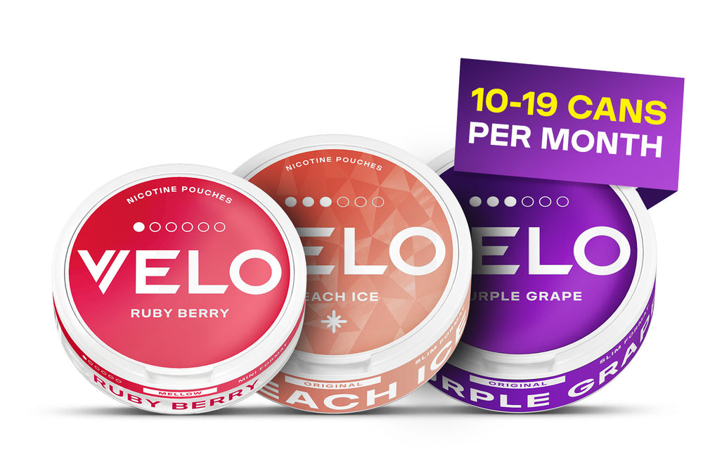 Velo Nicotine Pouches |  Three round Velo nicotine pouch cans—Ruby Berry, Peach Ice, and Purple Grape—are displayed together, with a purple sign above stating “10-19 cans per month.”.