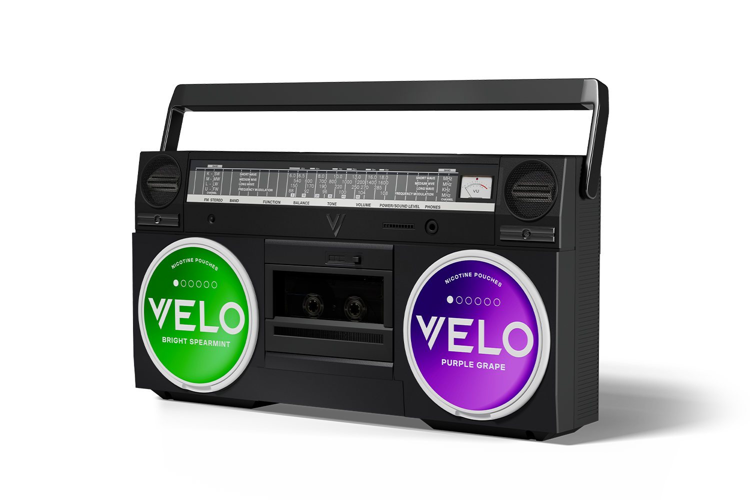 Velo Nicotine Pouches |  A black boombox with two large circular VELO labels over the speakers, one green labeled Bright Spearmint and one purple labeled Purple Grape, set against a plain white background, highlights Velo nicotine pouches in bold style.