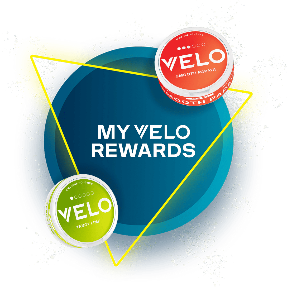 Velo Nicotine Pouches |  Two circular VELO nicotine pouch tins, one orange (Smooth Papaya) and one green (Tangy Lime), are placed over a blue circle with the text “MY VELO REWARDS”. A yellow triangle outlines the circle, highlighting the vibrant Velo pouches at the center of this striking design.