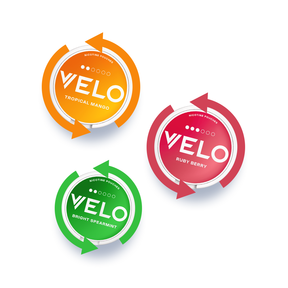 Velo Nicotine Pouches |  Three circular cans of VELO nicotine pouches in orange (Tropical Mango), red (Ruby Berry), and green (Bright Spearmint) with matching colored arrows around each can. These vibrant Velo pouches are displayed against a clean white background.