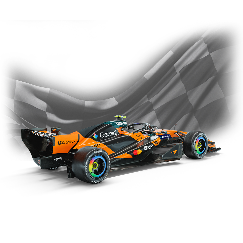 Velo Nicotine Pouches |  An orange and black Formula 1 race car with sponsor logos, including Velo nicotine pouches, is shown in front of a waving checkered flag background, emphasizing speed and victory.