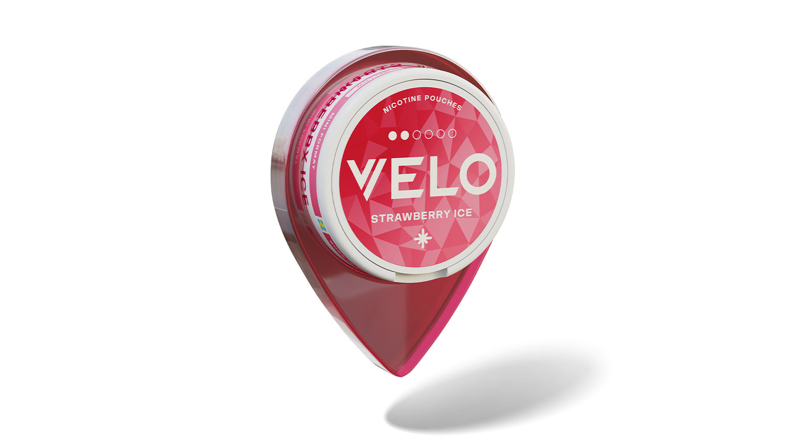 Velo Nicotine Pouches |  A round, pink container labeled VELO Strawberry Ice floats above a pink, drop-shaped shadow. Featuring Velo's signature geometric design, the packaging mentions nicotine pouches at the top.