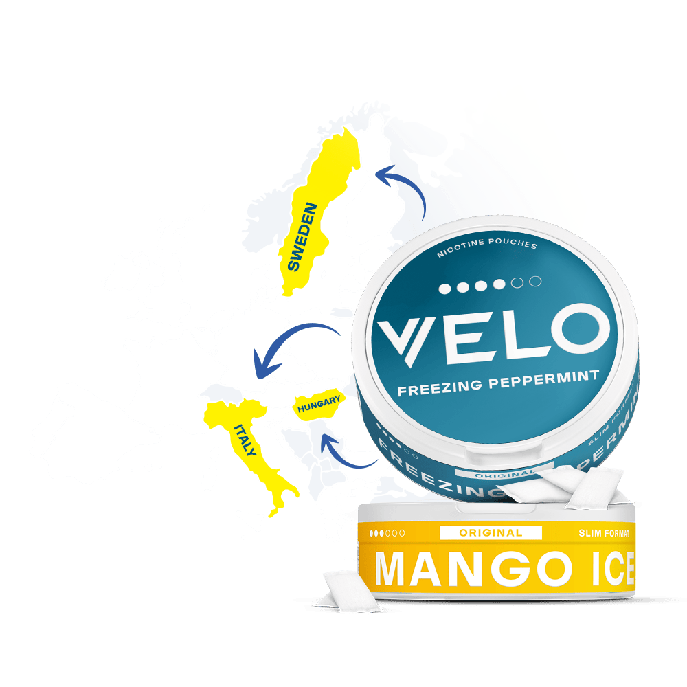 Velo Nicotine Pouches |  Two containers of Velo nicotine pouches, labeled Freezing Peppermint and Mango Ice, are shown in front of a map of Europe highlighting Sweden, Italy, and Hungary with blue arrows.