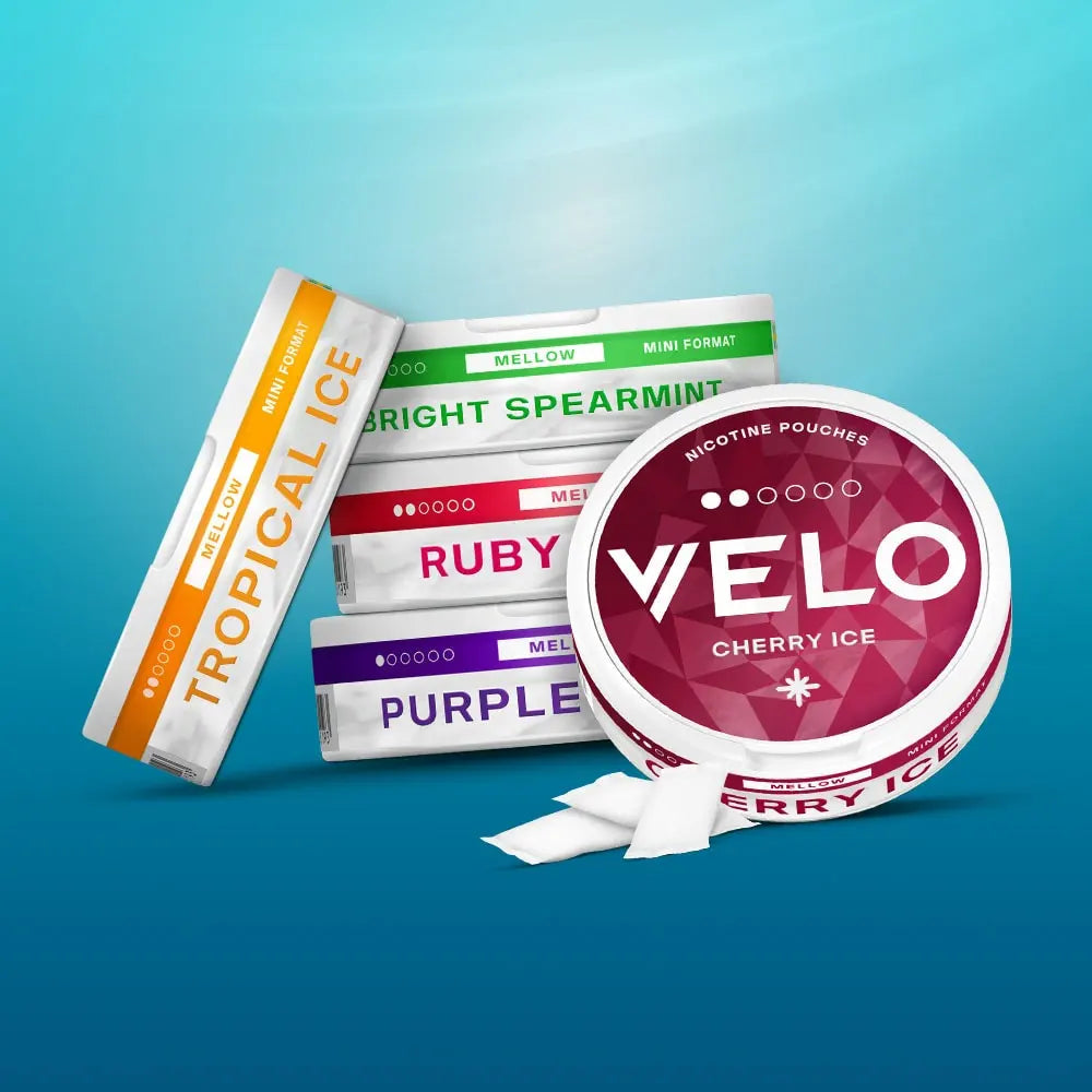 Velo Nicotine Pouches |  Four Velo nicotine pouch containers labeled Tropical Ice, Bright Spearmint, Ruby Berry, and Purple, with a round Cherry Ice pouches container in front, are displayed against a blue gradient background.