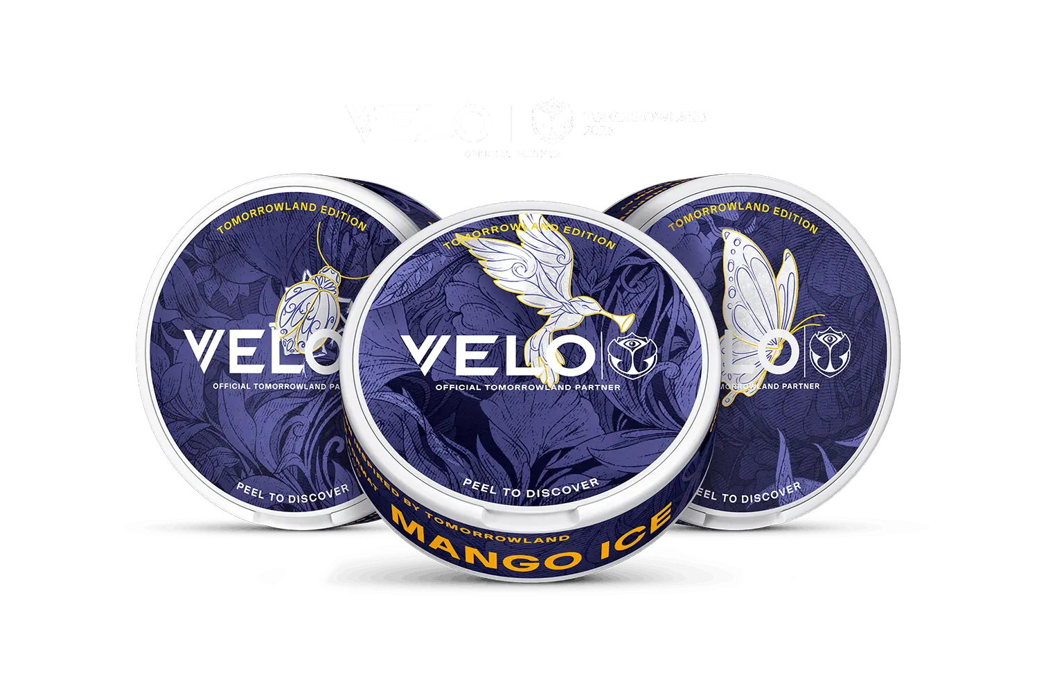 Velo Nicotine Pouches |  Three round VELO nicotine pouches with a purple and gold butterfly design are shown, labeled Tomorrowland Edition. The front tin also says Mango Ice, highlighting these unique nicotine pouches as both stylish and flavorful.