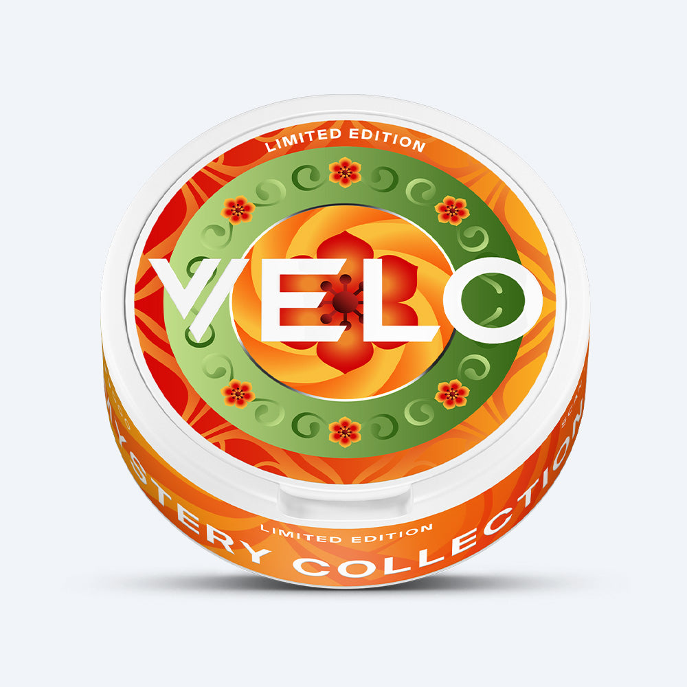 Velo Nicotine Pouches |  Circular VELO Mystery Collection 1 nicotine pouch container with a colorful floral pattern and the text LIMITED EDITION MYSTERY COLLECTION.