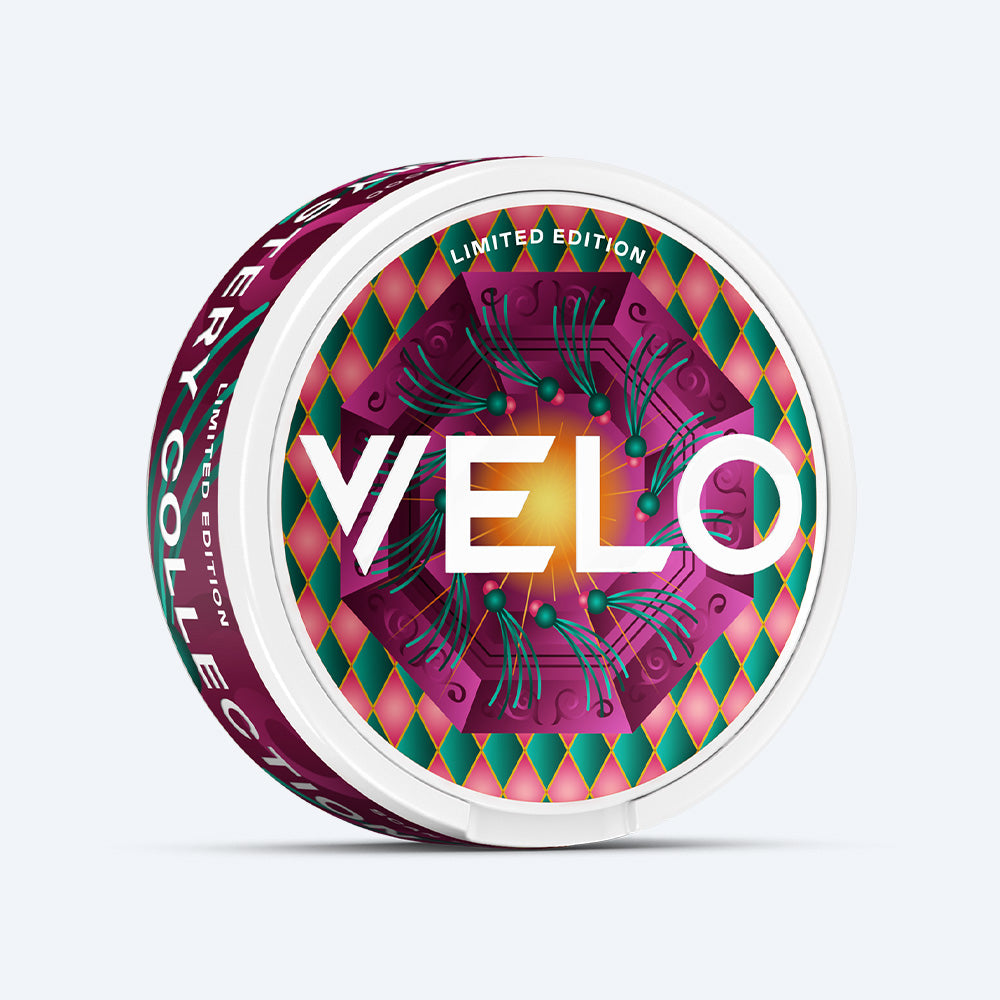 Velo Nicotine Pouches |  Round VELO Mystery Collection 3 nicotine pouch container featuring a purple and teal geometric pattern with the text Mystery Collection and Limited Edition.