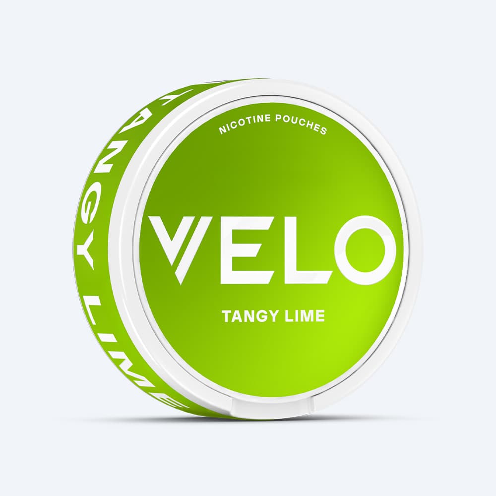 Velo Nicotine Pouches |  A round container of VELO Tangy Lime features a vibrant green label with crisp white text, set against a light background. Enjoy the bold citrus flavour and invigorating zing that make VELO Tangy Lime a refreshingly lively nicotine pouch choice.