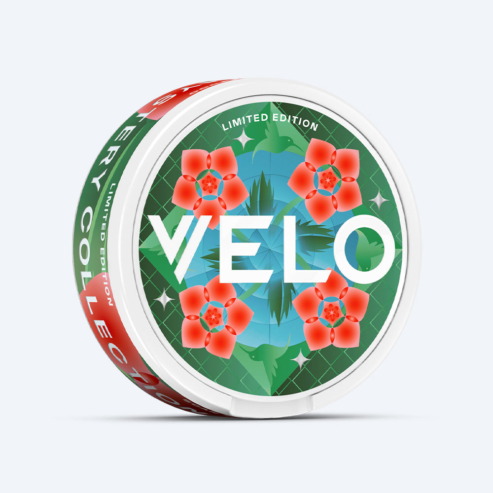 Velo Nicotine Pouches |  Circular VELO Mystery Collection 2 nicotine pouch tin featuring a green and red floral design with a bird motif and text that reads Limited Edition and Mystery Collection.