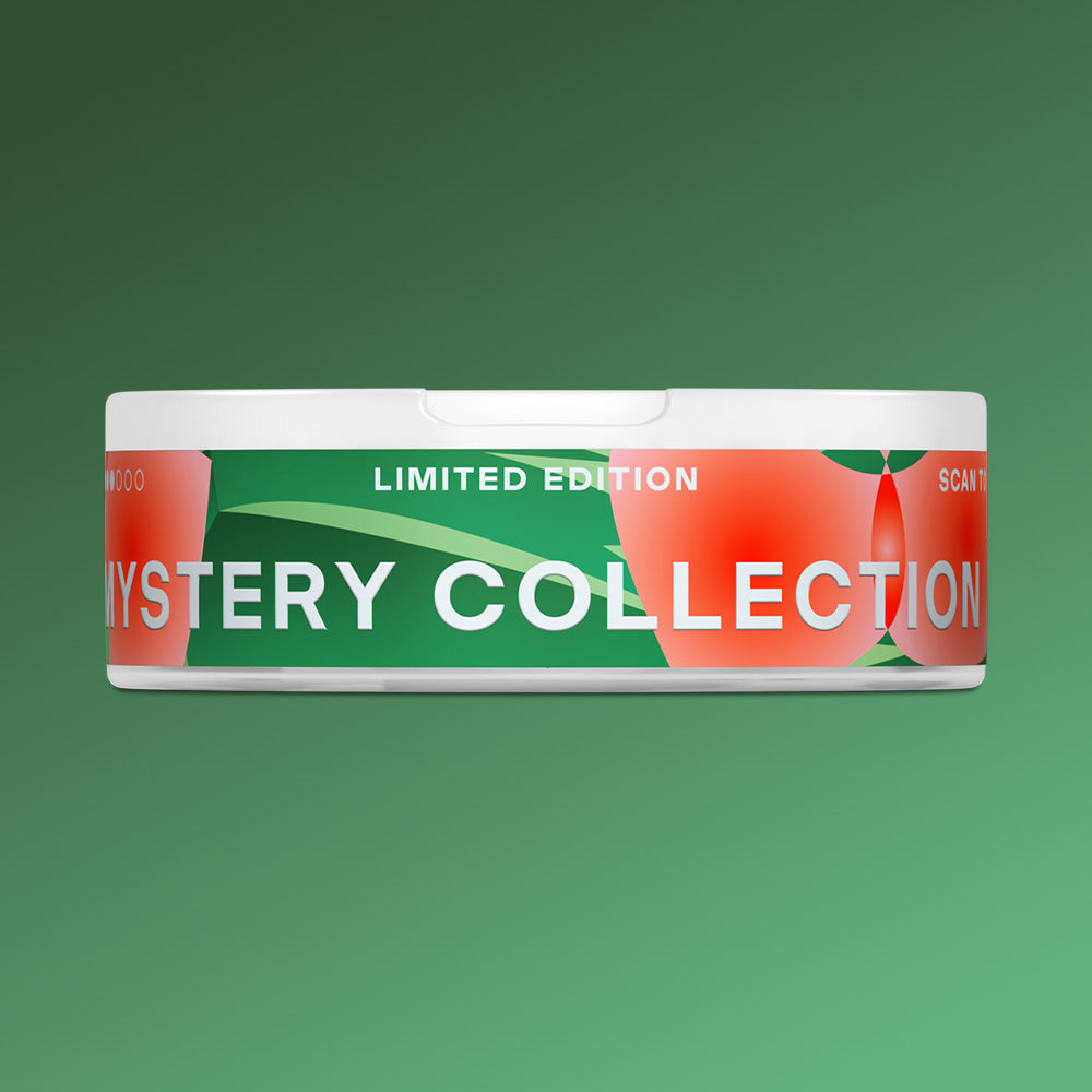 Velo Nicotine Pouches |  Round white container of VELO Mystery Collection 2 nicotine pouches with a green and orange label.