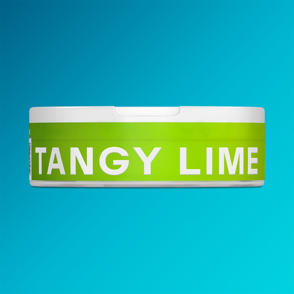 Velo Nicotine Pouches |  A white, round VELO container featuring a bold green label with "Tangy Lime" in striking white letters stands out against a blue gradient background, perfectly representing VELO Tangy Lime’s vibrant citrus zing and lively lime flavour.