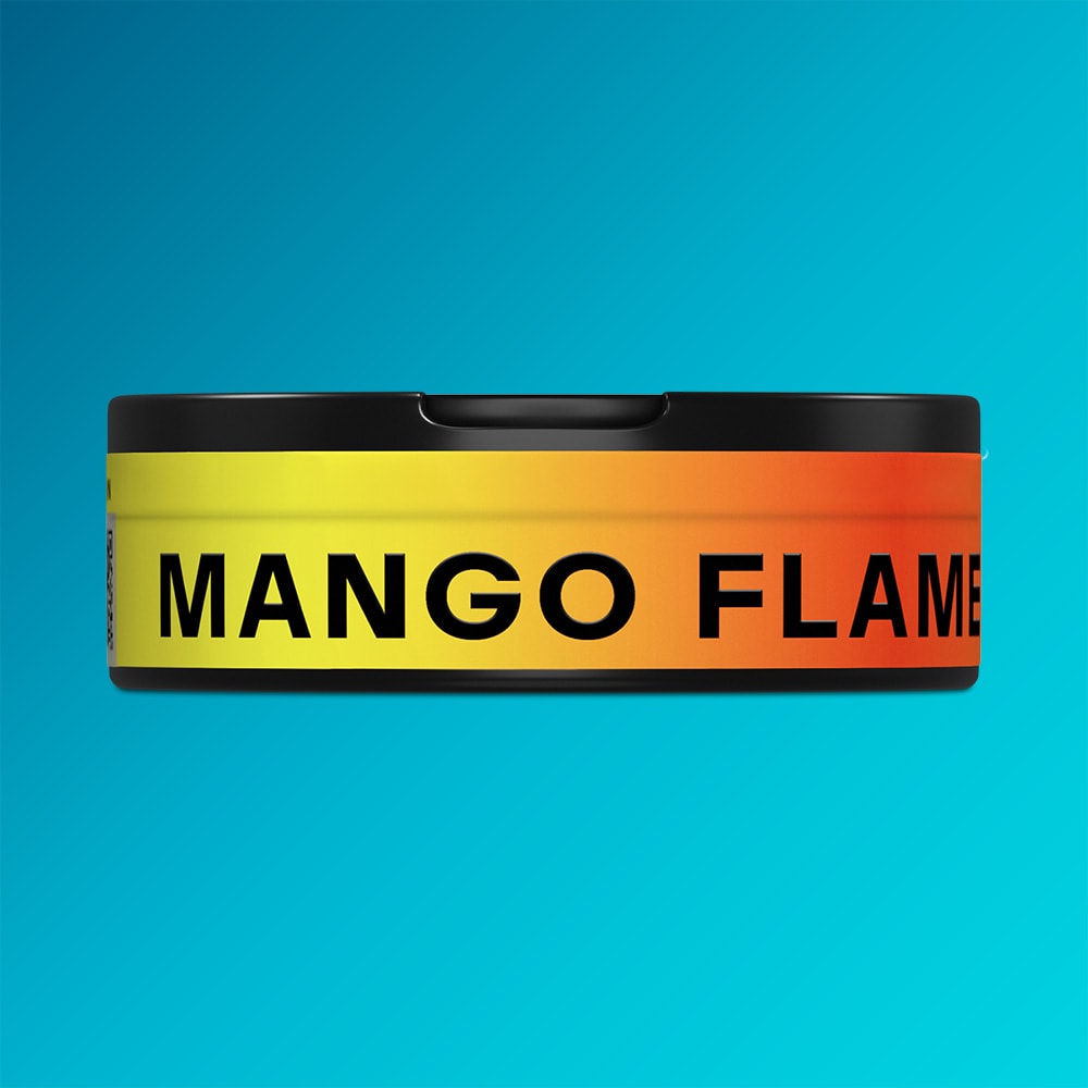 Velo Nicotine Pouches |  A round VELO container with a yellow-to-orange gradient label and black lid, featuring bold black text reading "Mango Flame" against a blue background—evoking the heated mango flavor and intense burning sensation inside.