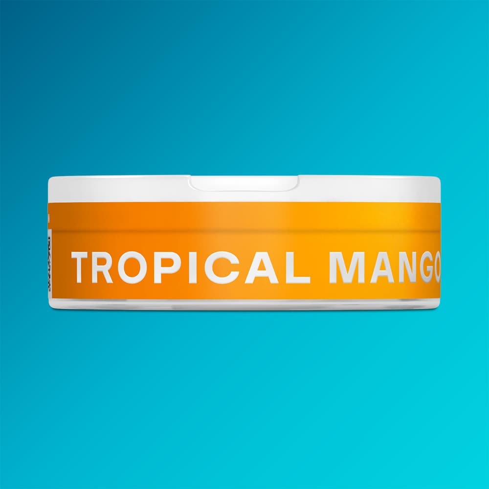 Velo Nicotine Pouches |  A round white container with an orange label that says "Tropical Mango" from VELO, highlighting its exotic fruit flavours, displayed against a blue background.