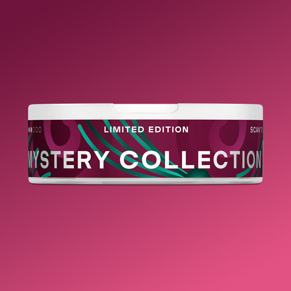 Velo Nicotine Pouches |  White circular VELO Mystery Collection 3 container with a dark purple label featuring the text LIMITED EDITION and MYSTERY COLLECTION over a teal and purple abstract pattern of nicotine pouches.