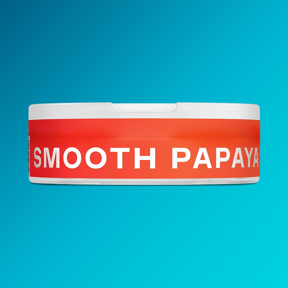 Velo Nicotine Pouches |  A round container of VELO Smooth Papaya with a red label featuring the product name in white sits against a blue gradient background, capturing the invigorating spirit of tropical flavor.