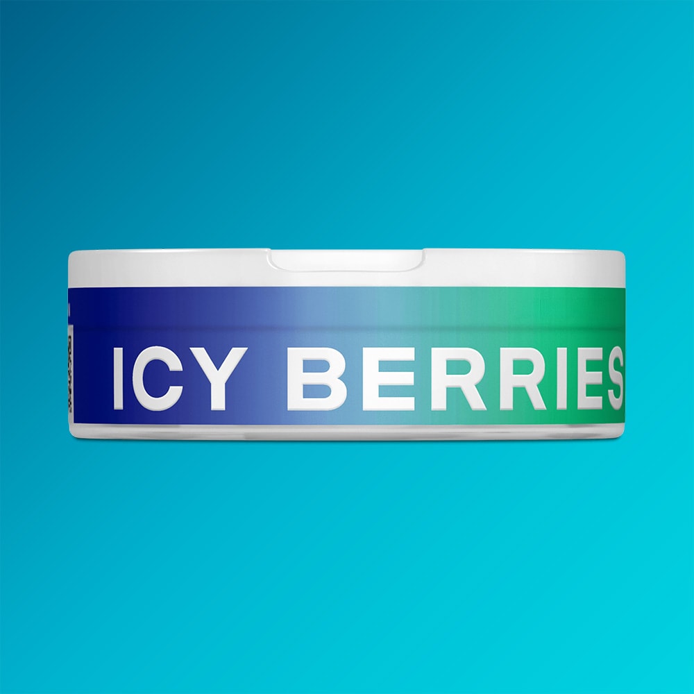 Velo Nicotine Pouches |  A round container from VELO, featuring a blue and green label with "Icy Berries" boldly displayed in white letters against a vibrant blue gradient background. The design suggests a triple-berry mix combined with a minty cool sensation, promising an invigorating cooling effect.