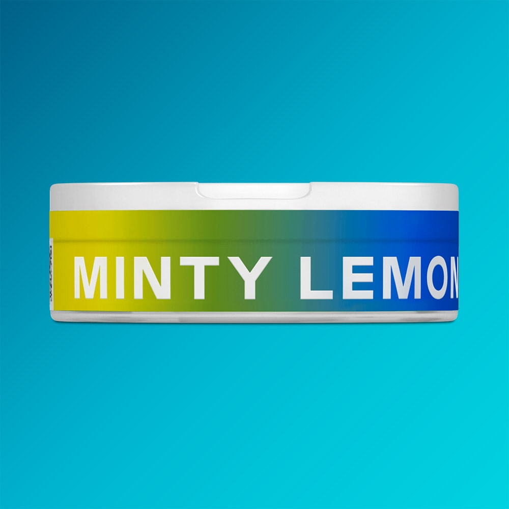 Velo Nicotine Pouches |  A round VELO Minty Lemon container featuring a gradient label in yellow, green, and blue with bold white lettering sits against a vibrant blue background—visually highlighting the refreshing combination of peppermint and lemon.