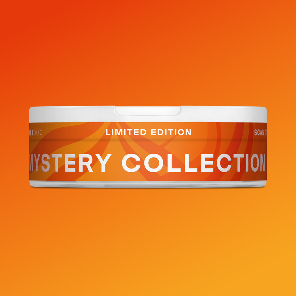 Velo Nicotine Pouches |  Round white VELO Mystery Collection 1 container with an orange and yellow patterned label, featuring a Limited Edition nicotine pouch design.