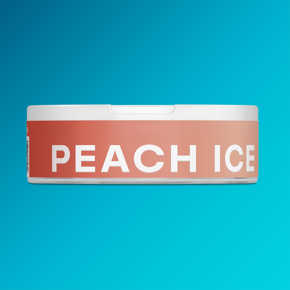 Velo Nicotine Pouches |  A round container from VELO, featuring a peach-colored label with "PEACH ICE" in bold white letters, set against a blue gradient background—ideal for fans of an icy vaping experience.