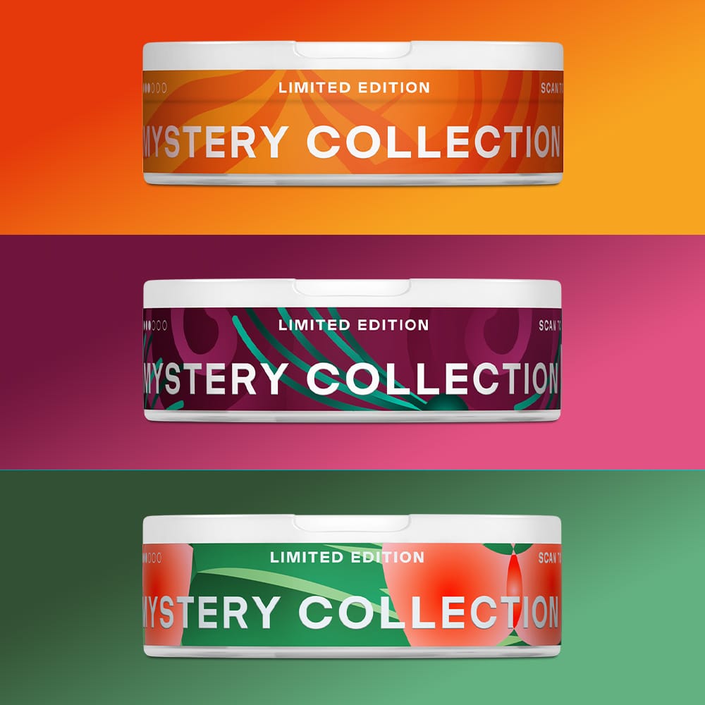 Velo Nicotine Pouches |  Three round VELO GB Mystery Collection Bundle nicotine pouch containers stacked vertically, each labeled Limited Edition against colorful, abstract patterned backgrounds.
