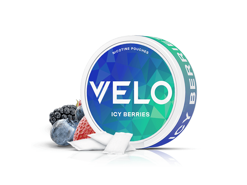 Velo Nicotine Pouches |  A round VELO Icy Berries nicotine pouch container with a geometric design is surrounded by blueberries, blackberries, a strawberry, and three white pouches on a white background.