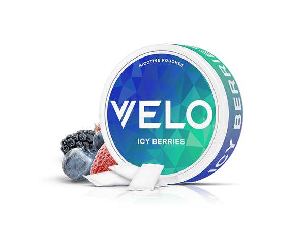 Velo Nicotine Pouches |  A round VELO Icy Berries nicotine pouch container with a geometric design is surrounded by blueberries, blackberries, a strawberry, and three white pouches on a white background.