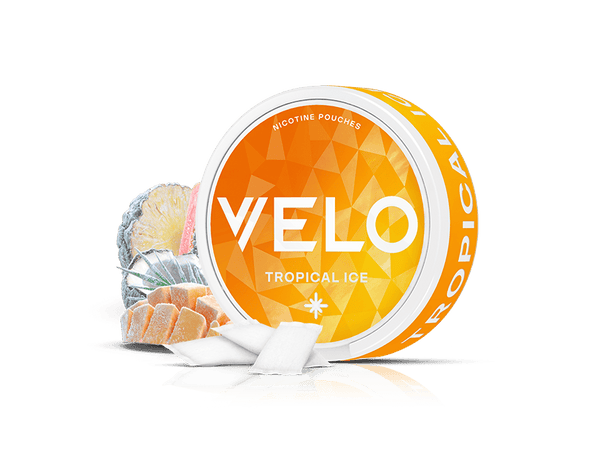 Velo Nicotine Pouches |  Round orange container labeled VELO Tropical Ice with white nicotine pouches in front. Pineapple and caramel pieces are in the background on a white surface, highlighting the flavorful experience of Velo nicotine pouches.