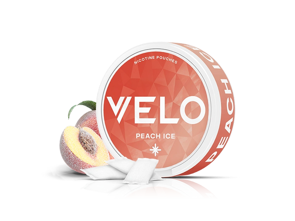 Velo Nicotine Pouches |  Round container of VELO Peach Ice nicotine pouches with a peach illustration and white pouches in front. The orange and white packaging features bold text, highlighting the refreshing Velo nicotine experience.