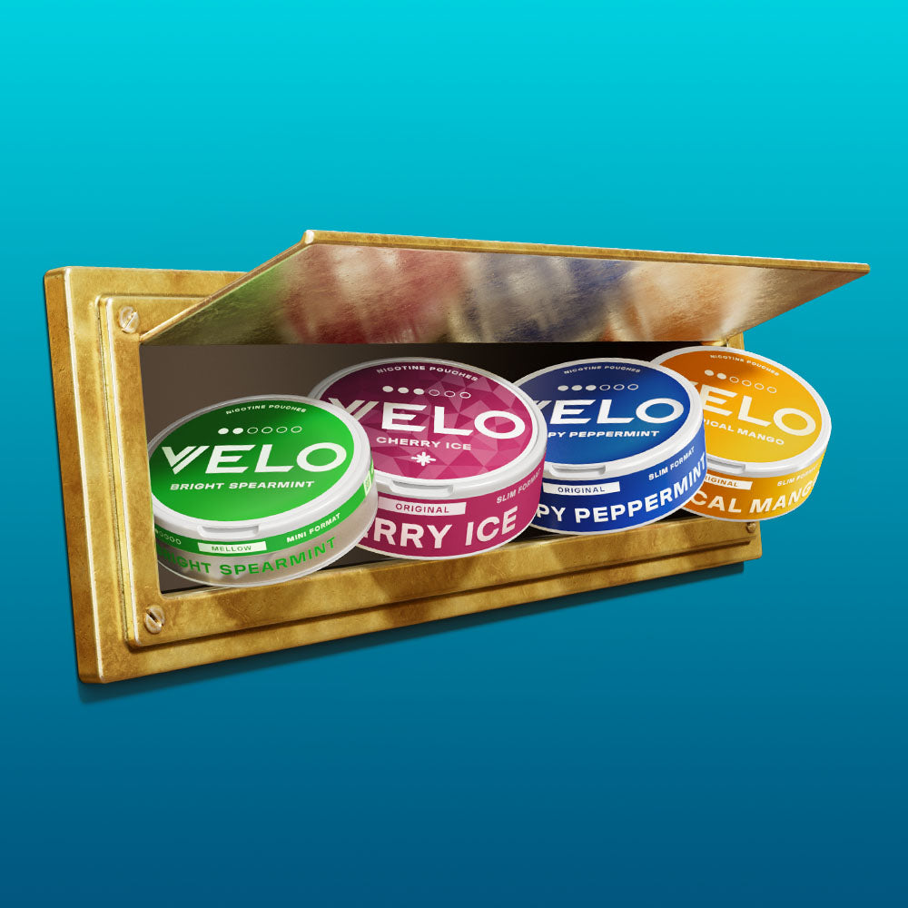 Velo Nicotine Pouches |  Four colorful VELO nicotine pouches—green, pink, blue, and orange—are displayed inside a partially open gold mailbox against a bright blue background, showcasing the vibrant appeal of these Velo pouches.