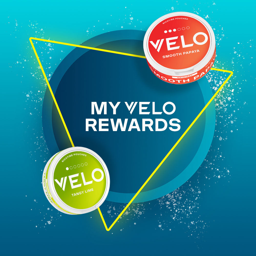 Velo Nicotine Pouches |  Two Velo nicotine pouch tins, one red (Smooth Papaya) and one green (Tangy Lime), are displayed with MY VELO REWARDS text centered on a blue background featuring a yellow triangle outline and scattered particles. The pouches offer a bold way to enjoy nicotine with vibrant flavors and sleek style.